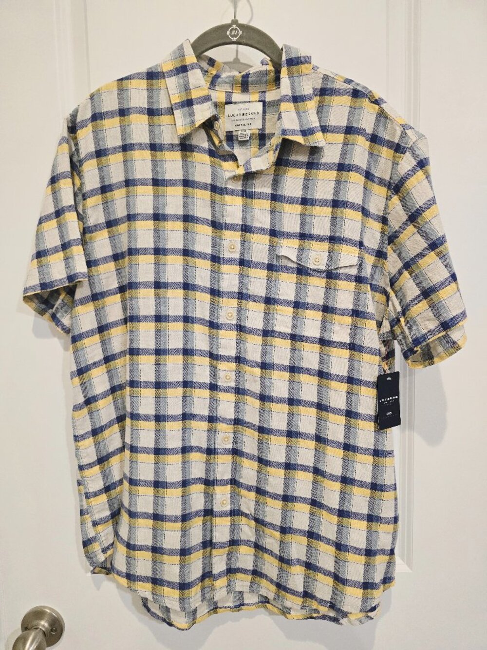 Lucky Brand Men's Plaid Short Sleeve Button Front Shirt linen blend size L